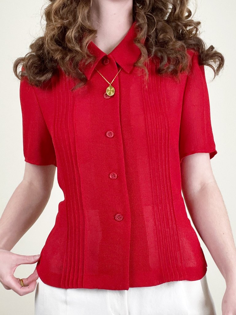Vintage 90s Pleated Short Sleeve Button Up Down Blouse Top Preppy Bowling Shirt